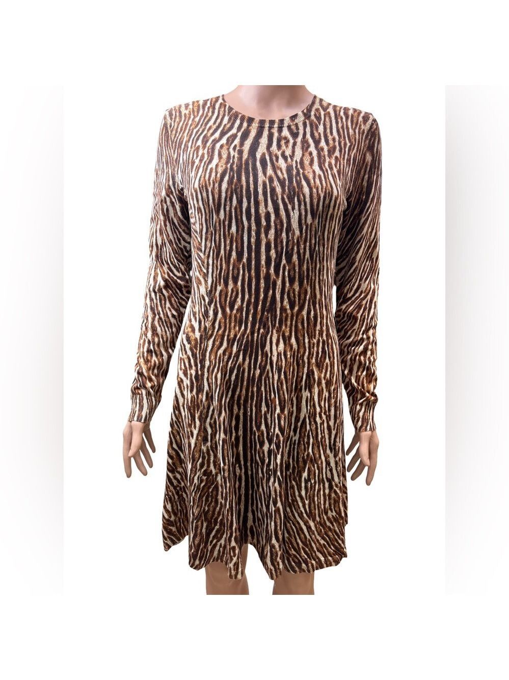 Michael Kors Brown Leopard Print Long Sleeve Flared Dress Medium NWT - Picture 4 of 10